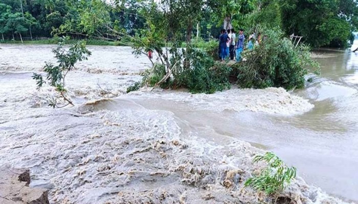 বন্যা প্রতিরক্ষা বাঁধে ভাঙন, তলিয়ে গেছে জকিগঞ্জ