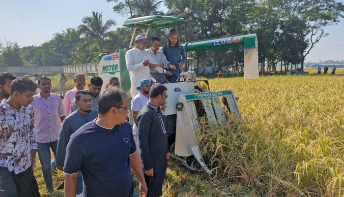 আধুনিক প্রযুক্তি ব্যবহার করে বর্গা চাষীদের ধান কেটে দিল কৃষক দল